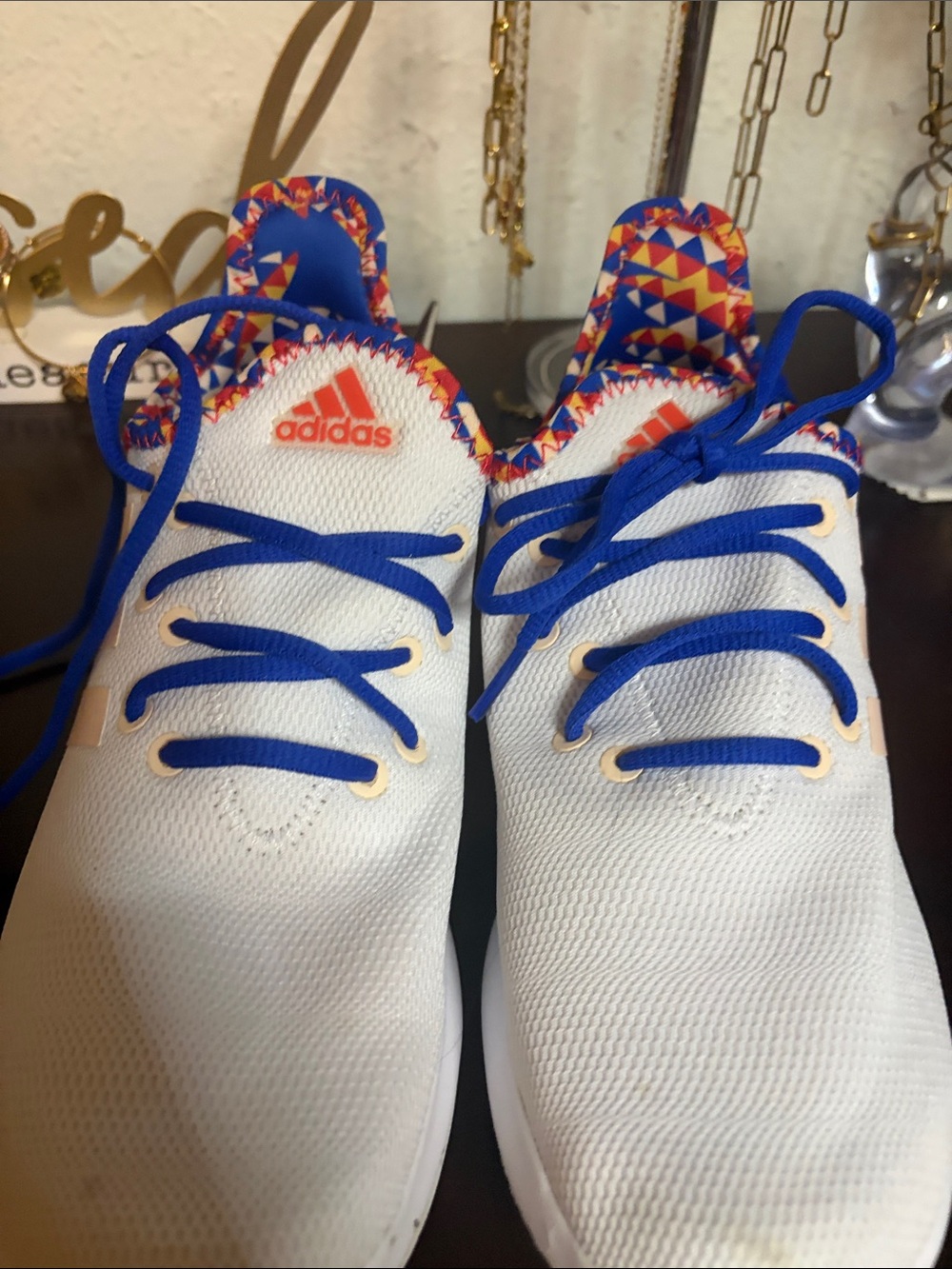 adidas White Sneakers with Blue Laces and Multicolor Trim